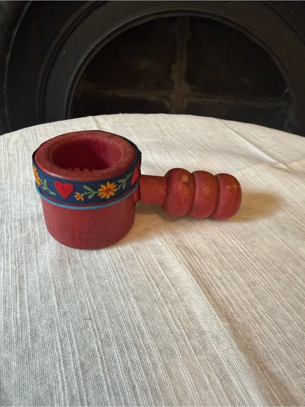 Vtg German Wooden Screw Style Nut Cracker with Floral Trim